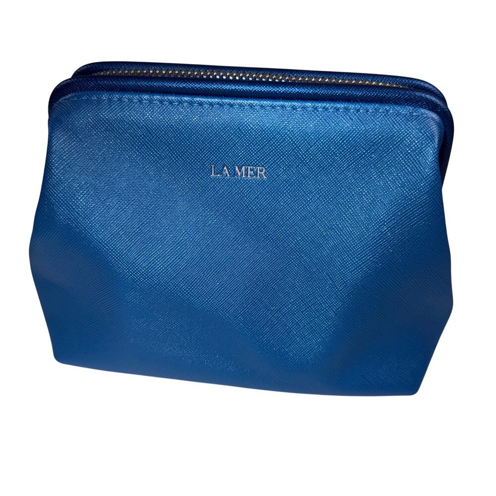 La Mer Metallic Blue Saffiano Textured Travel Cosmetic Pouch Makeup Bag